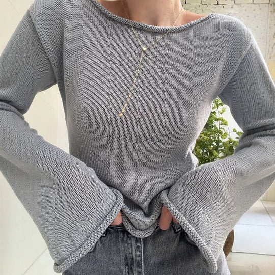 Damen Grobstrick-Pullover mit weitem U-Boot-Ausschnitt & extraweiten Trompetenärmeln Shop Nory