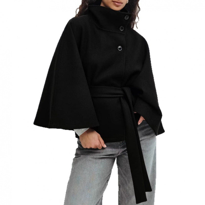 Damen Wollmantel im Cape‑Stil mit Stehkragen und Taillengürtel Shop Nory