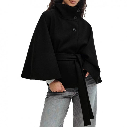 Damen Wollmantel im Cape‑Stil mit Stehkragen und Taillengürtel Shop Nory