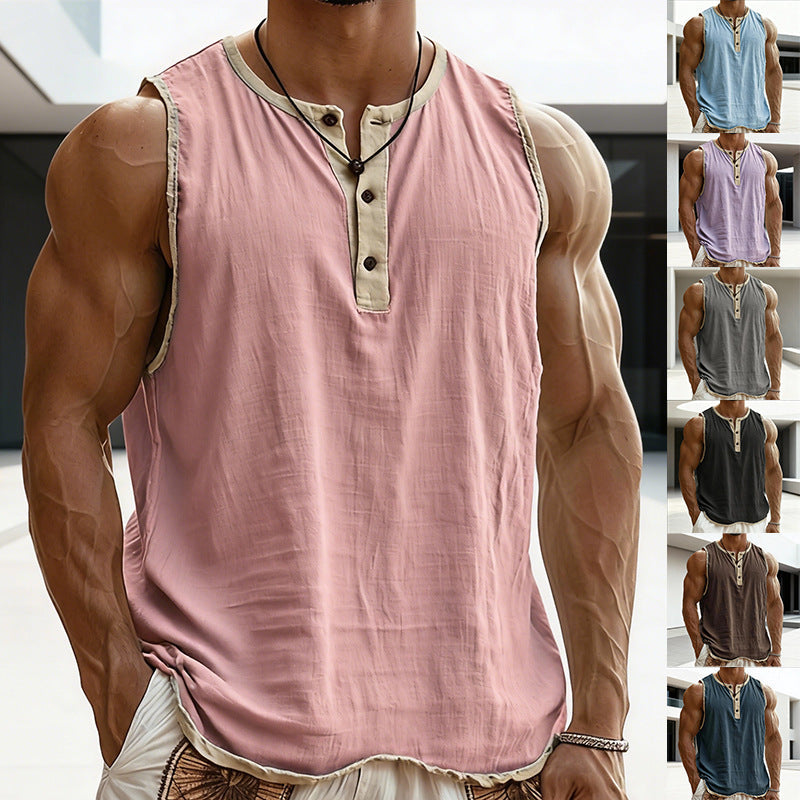 Herren nan ärmelloses Henley-Muskelshirt mit Knopfleiste und kontrastierter Einfassung