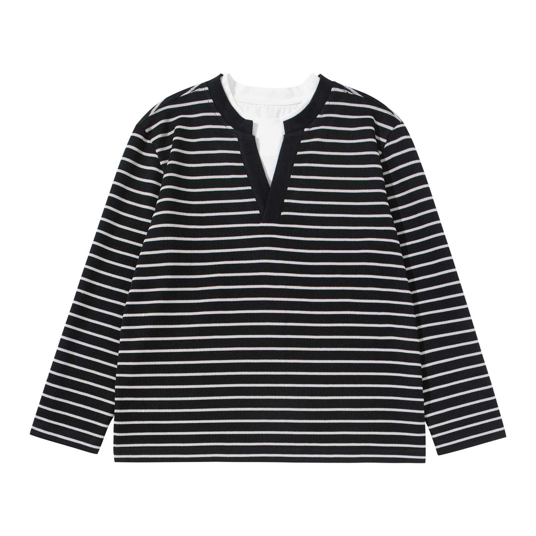 Damen Gestreiftes Strickshirt mit V-Ausschnitt und Lagenlook Shop Nory