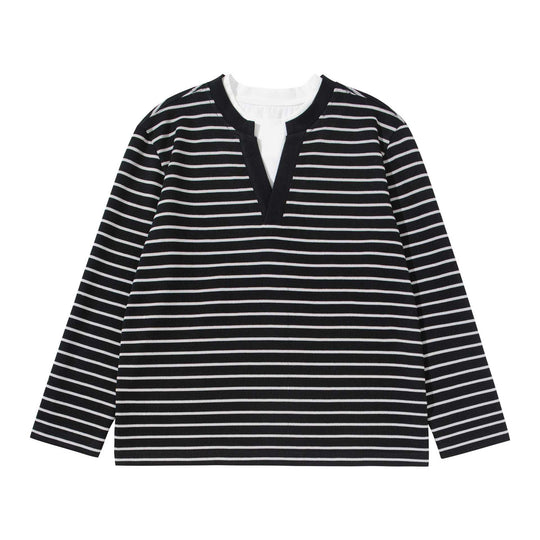 Damen Gestreiftes Strickshirt mit V-Ausschnitt und Lagenlook Shop Nory