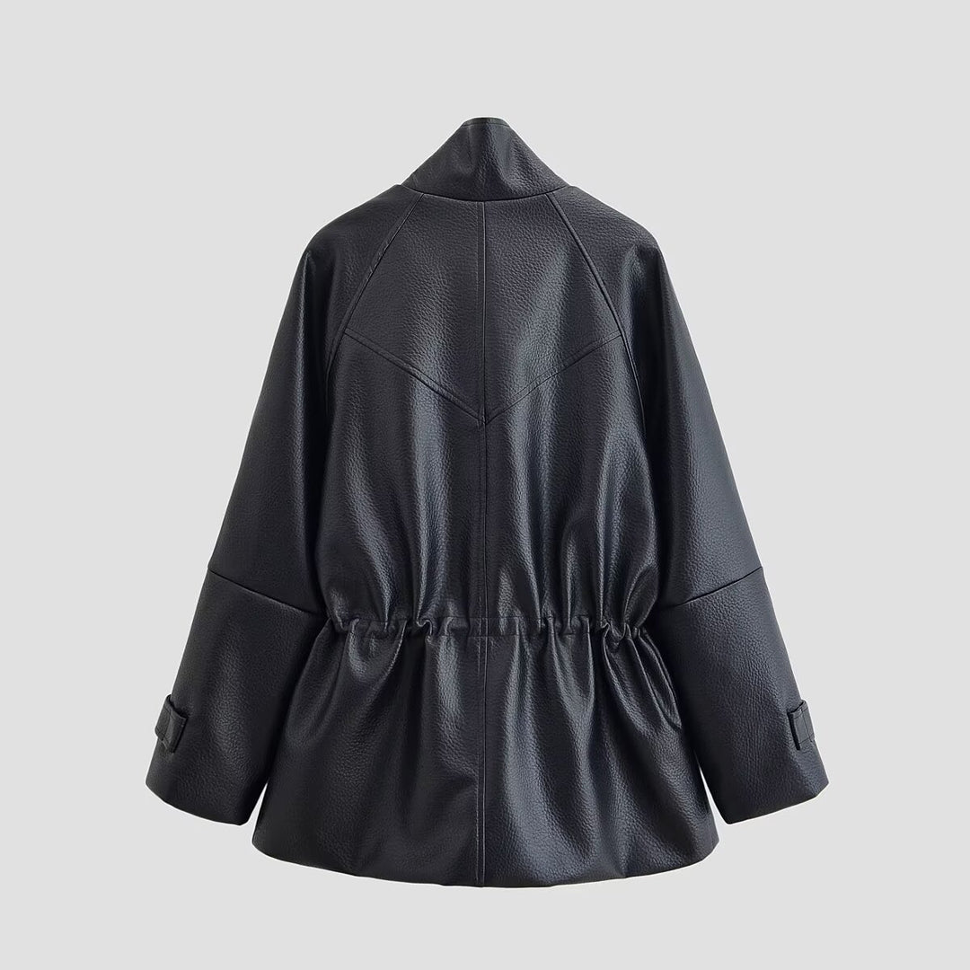 Damen Oversize Kunstlederjacke mit Stehkragen, Tunnelzug-Taille und aufgesetzten Taschen Shop Nory