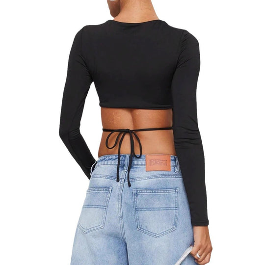 Damen kurzes Wickel-Crop-Top mit Rückenschnürung und langen Ärmeln Shop Nory