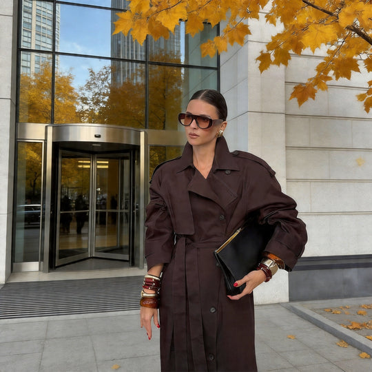 Damen Langer Taillierter Trenchcoat mit Bindegürtel und Doppelreihe Shop Nory