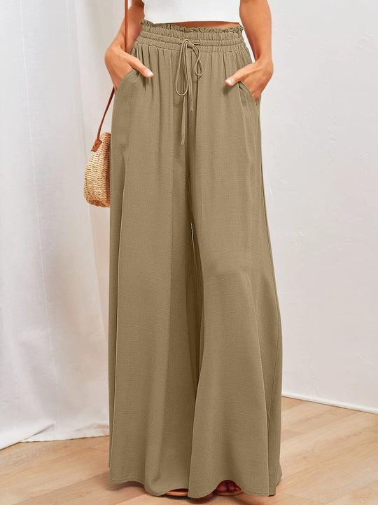 Frauen Hohe Taille Rüschen Elastischer Bund Weite Bein Strand Palazzo Hose mit Zugband und Seitentaschen Shop Nory