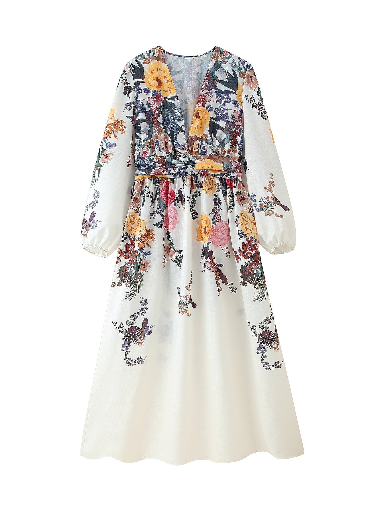 Damen Maxikleid mit floralen Mustern und raffinierten Raffungselementen Shopnory