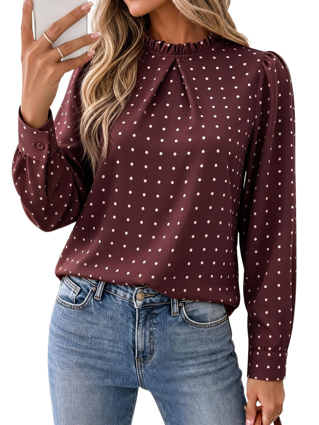 Damen Gepunktete Chiffon-Bluse mit Rüschkragen und Manschetten Shop Nory