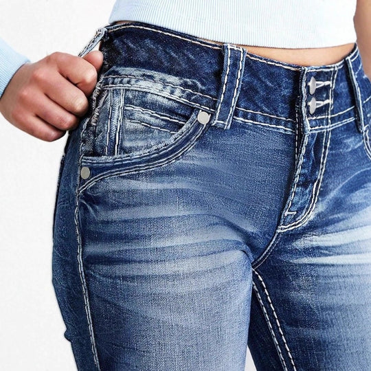 Damen Hochbund-Bootcut-Jeans mit formendem Bund und sichtbarer Knopfleiste Shop Nory