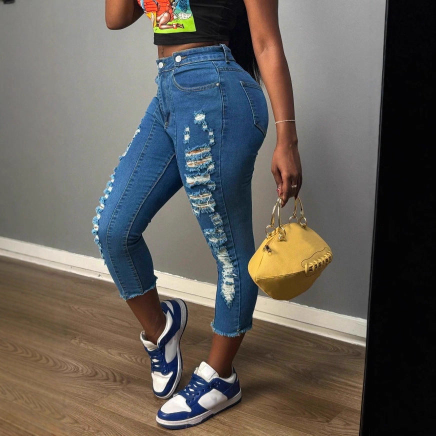 Damen hochgeschnittene knöchellange Skinny-Jeans mit großzügigen Zerrdetails und rohem Saum Shop Nory