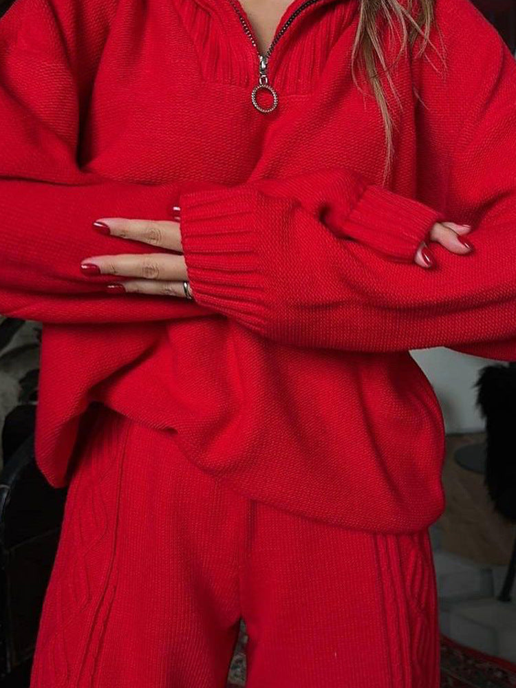 Damen Strick-Relax-Set mit halbem Reißverschluss, Oversize-Pullover und hochtaillierter Zopfmuster-Hose Shop Nory