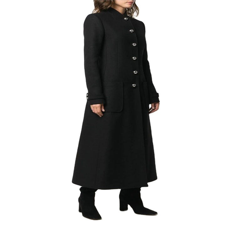Damen Bodenlanger Taillierter Wollmix-Mantel mit Stehkragen und Zierknopfleiste Shop Nory