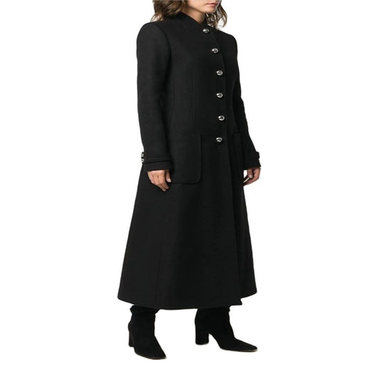 Damen Bodenlanger Taillierter Wollmix-Mantel mit Stehkragen und Zierknopfleiste Shop Nory