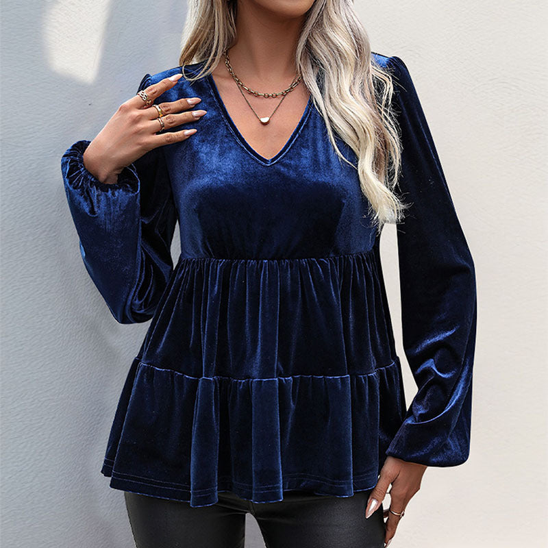 Damen Samt-Tunika mit V-Ausschnitt, Stufenrock und Ballonärmeln Shop Nory