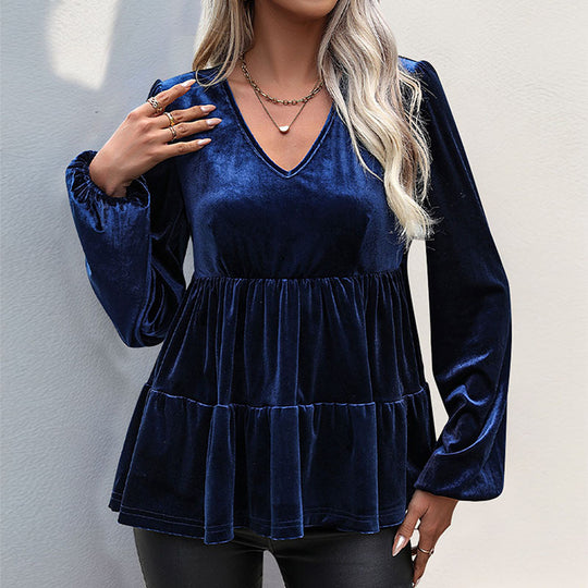 Damen Samt-Tunika mit V-Ausschnitt, Stufenrock und Ballonärmeln Shop Nory