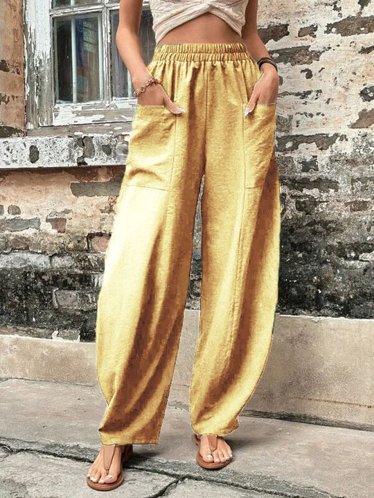 Damen Weite Leinenhose mit elastischem Bund, aufgesetzten Taschen und lässigem Harem-Schnitt Shop Nory