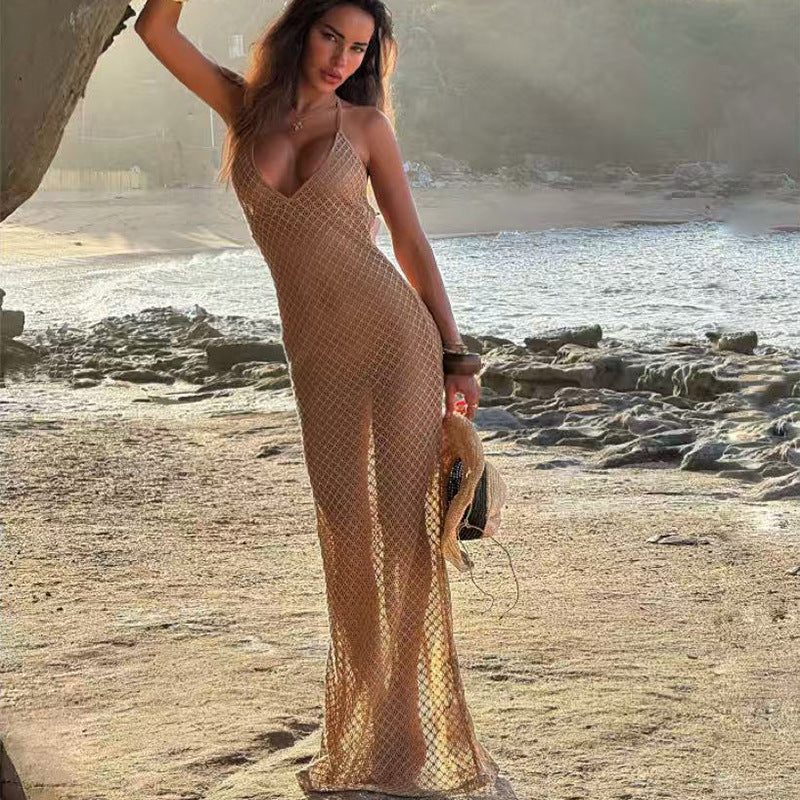 Damen Häkel-Strandkleid mit V-Ausschnitt und feinem Netzdesign