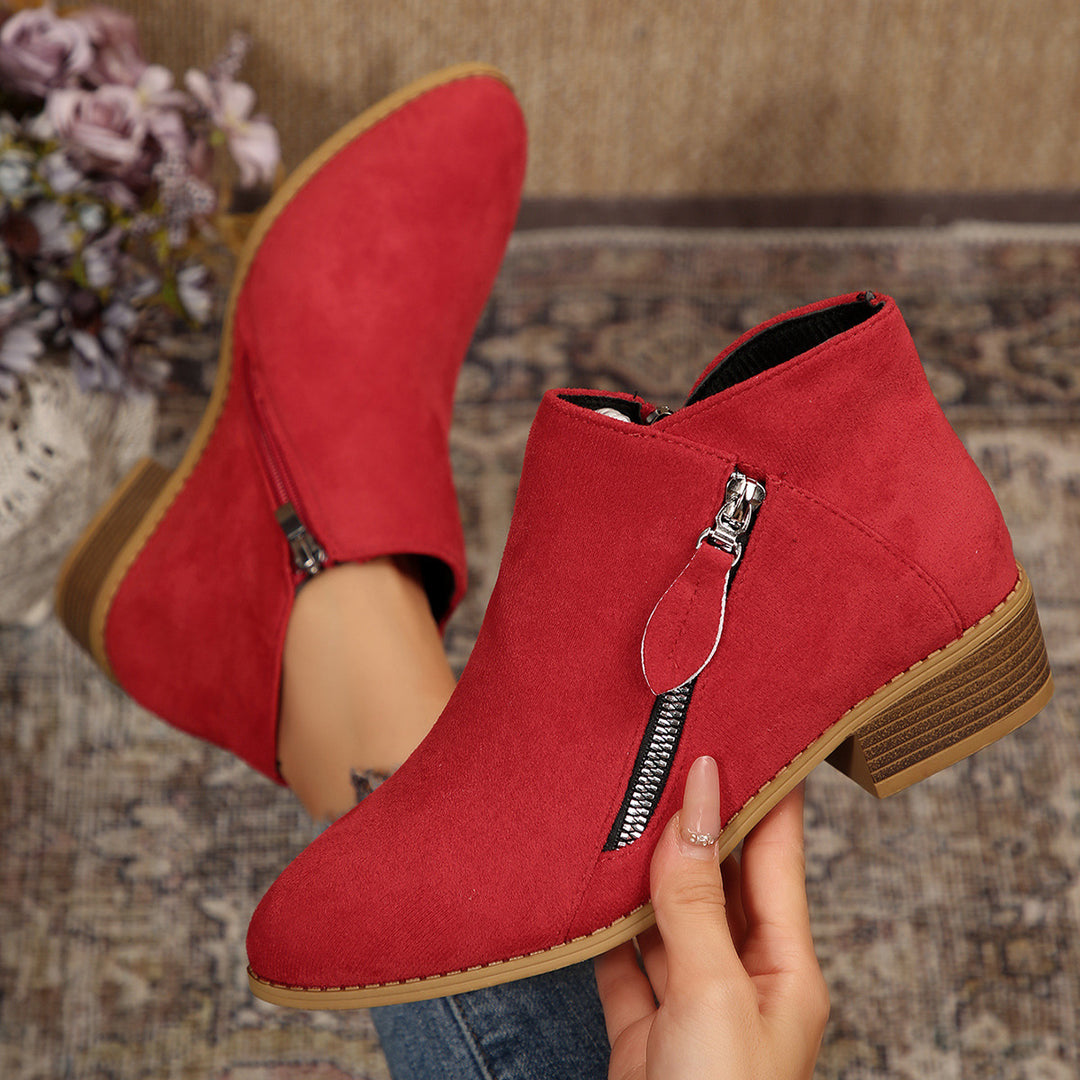 Damen Moderne Kurzschaft-Stiefelette mit sichtbarem Metallreißverschluss und niedriger Holzoptik-Blocksohle Shop Nory