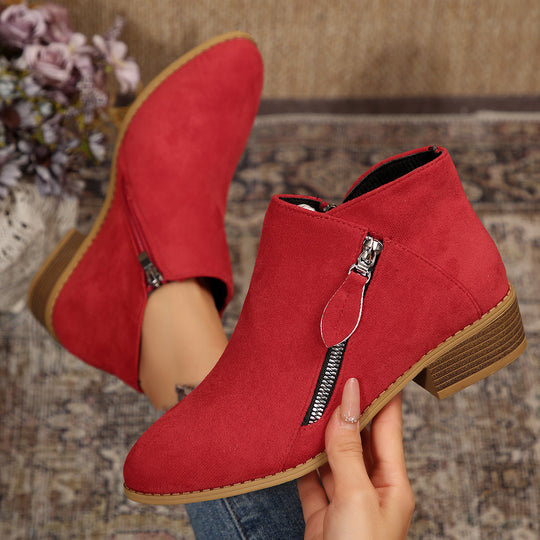 Damen Moderne Kurzschaft-Stiefelette mit sichtbarem Metallreißverschluss und niedriger Holzoptik-Blocksohle Shop Nory