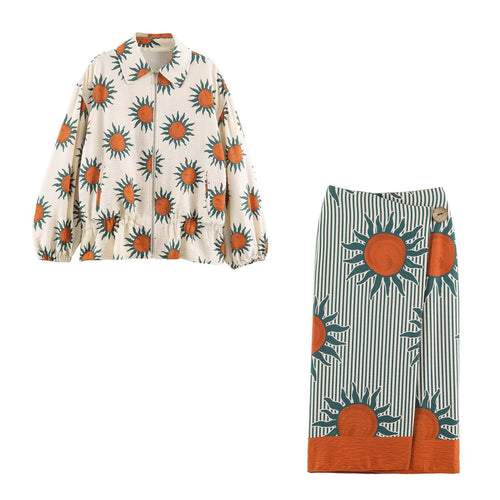 Damen Oversize Leichte Baumwolljacke mit Reißverschluss, Sonnen-Alloverprint und Tunnelzugbund Shop Nory