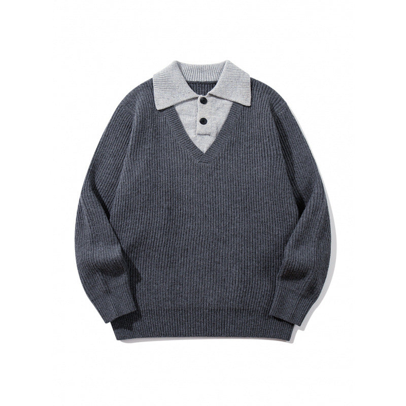 Unisex Grobstrick-Kastenpullover mit V-Ausschnitt und kontrastierendem Polo-Knopfkragen Shop Nory