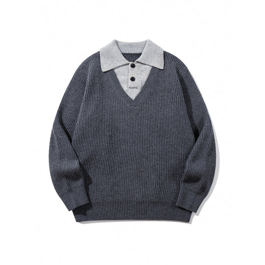 Unisex Grobstrick-Kastenpullover mit V-Ausschnitt und kontrastierendem Polo-Knopfkragen Shop Nory