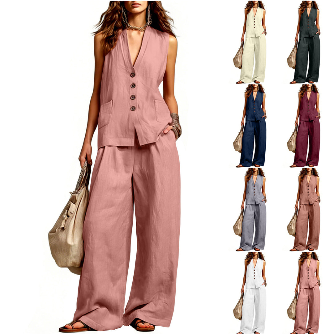 Damen Ärmelloses Longline-Westen und Palazzo-Hosen Set aus Leinenoptik Shop Nory