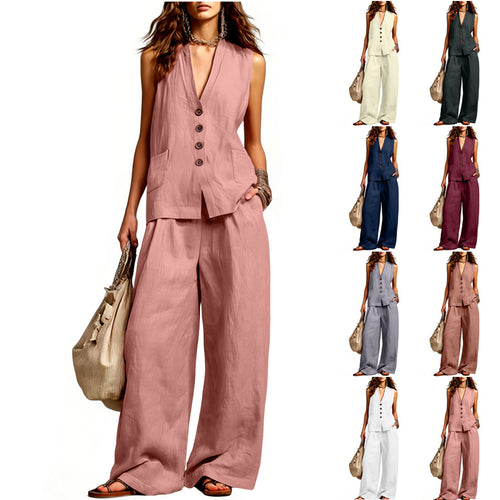 Damen Ärmelloses Longline-Westen und Palazzo-Hosen Set aus Leinenoptik Shop Nory