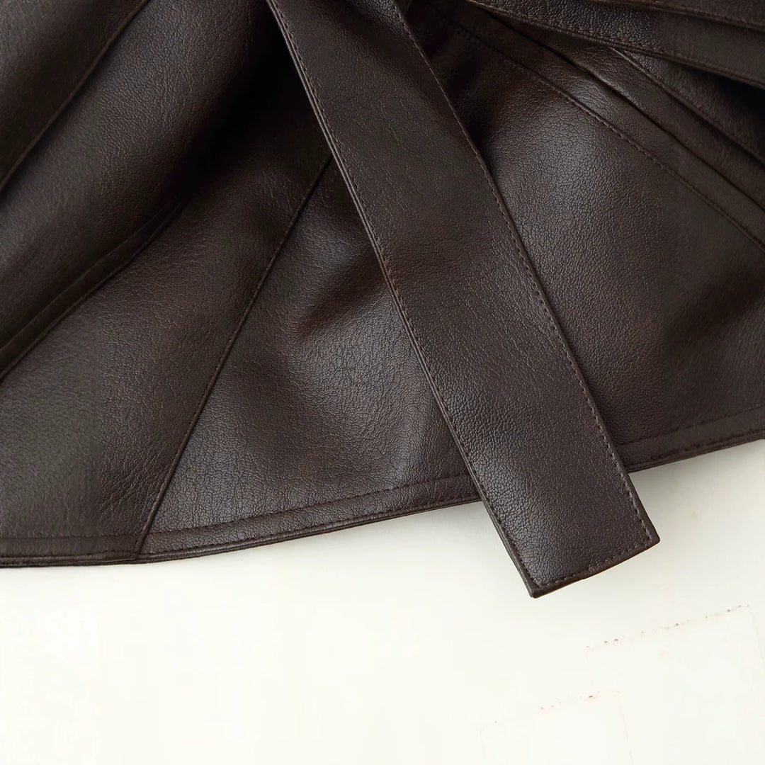 Damen Kurzjacke aus Lederimitat mit langen Kunstfellärmeln und Bindegürtel Shop Nory