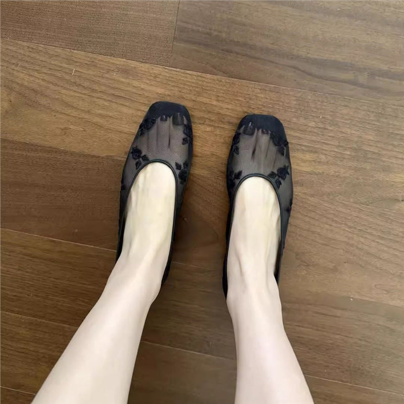 Damen Florale bestickte Ballerina-Slipper mit quadratischer Zehenbox und Mesh-Oberschuh Shop Nory