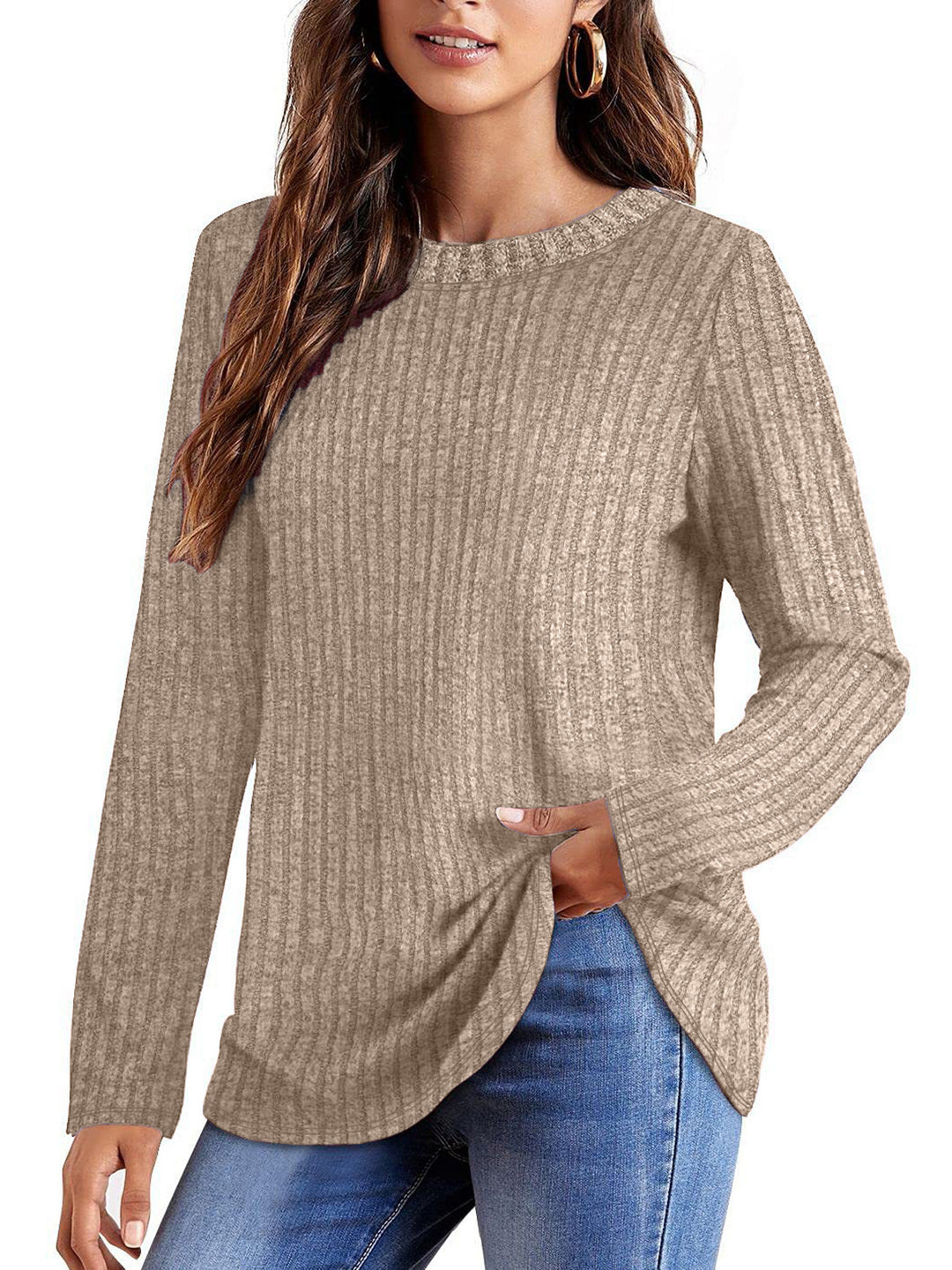Damen Geripptes Feinstrick-Longsleeve mit Rundhalsausschnitt und asymmetrischem Saum Shop Nory