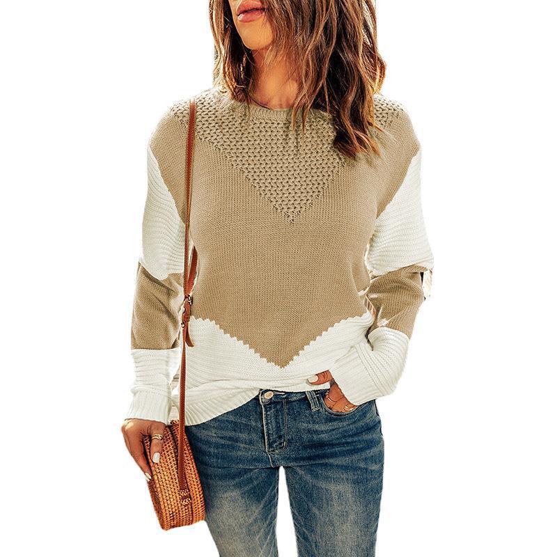 Damen Farbblock-Strickpullover mit strukturiertem Yoke und gerippten Ärmeln Shop Nory