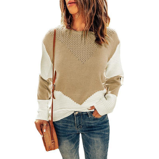 Damen Farbblock-Strickpullover mit strukturiertem Yoke und gerippten Ärmeln Shop Nory