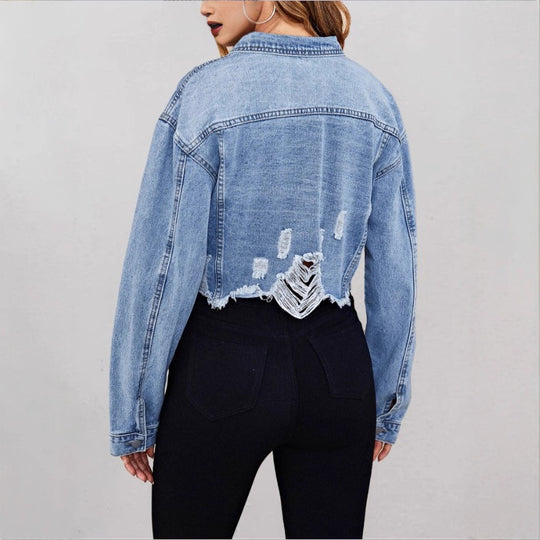 Damen kurze Jeansjacke mit Perlenbesatz, fransigem Saum und weit geschnittenen Ärmeln Shop Nory