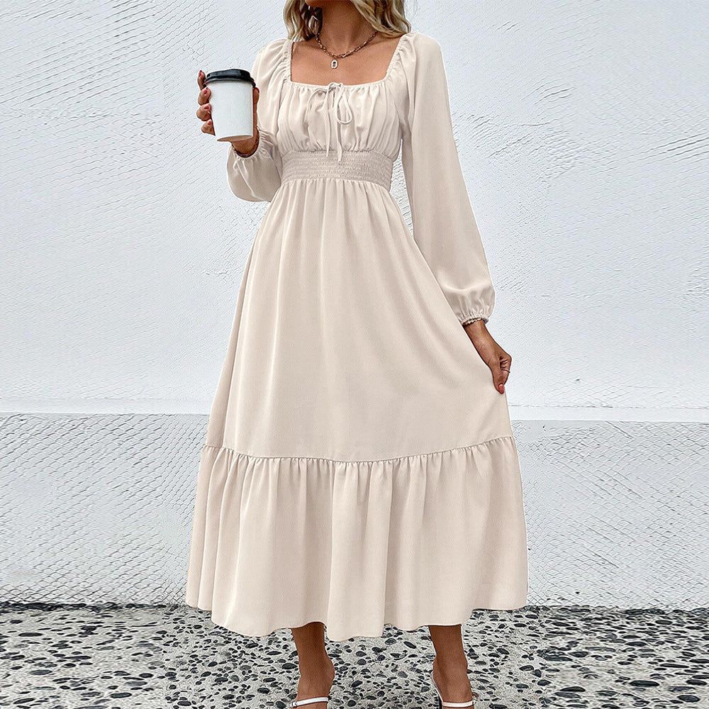 Damen gerafftes Midikleid mit Smok-Taillenbund, eckigem Ausschnitt, langen Puffärmeln und stufigem Volantrock Shop Nory