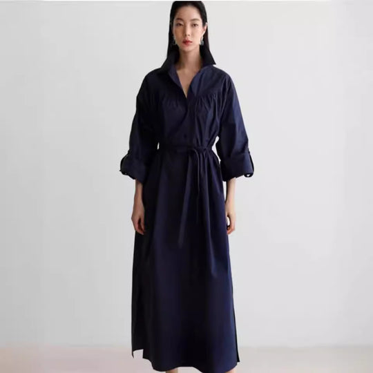 Damen Langärmliges Hemdblusen‑Maxikleid mit strukturierter Schulterpasse und Bindegürtel Shop Nory