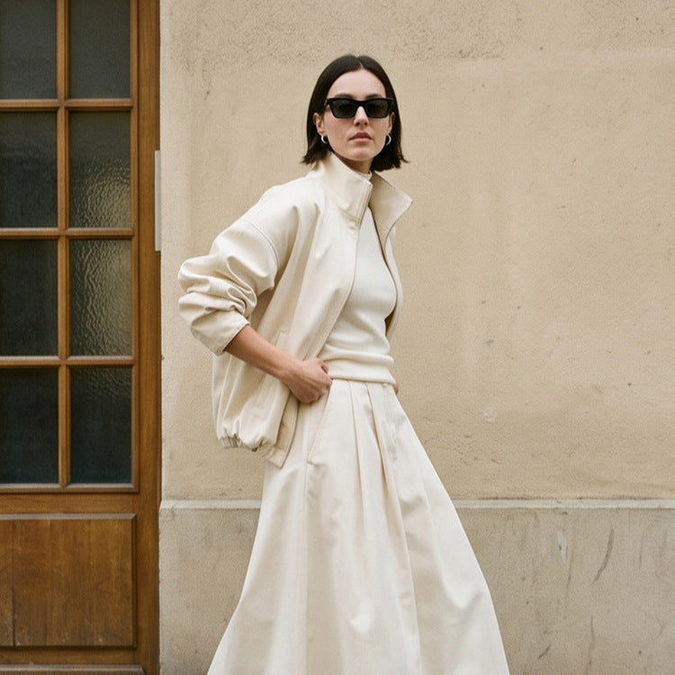 Damen Oversize Cropped-Blouson mit Tunnelzug und fließendem Maxi‑Rock mit Beinschlitz Shop Nory