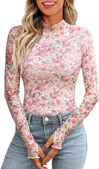 Damen Transparentes Mesh-Longsleeve mit Blumenprint und Stehkragen Shop Nory