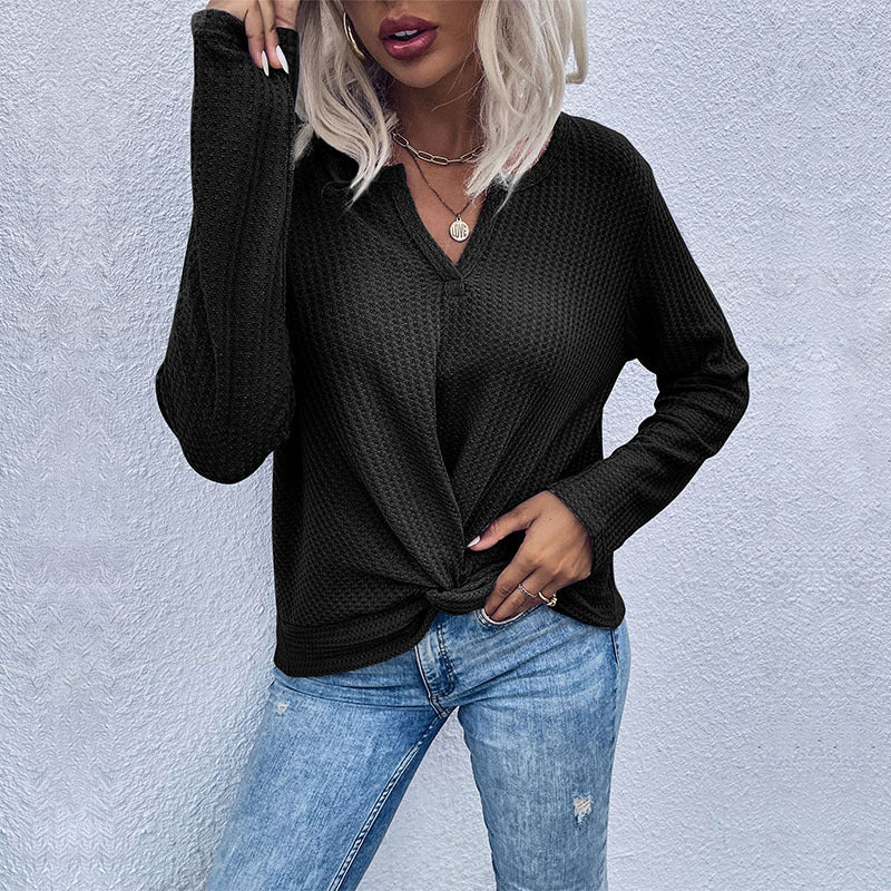 Damen Waffelstrick-Longsleeve mit V‑Ausschnitt und Knotenfront Shop Nory