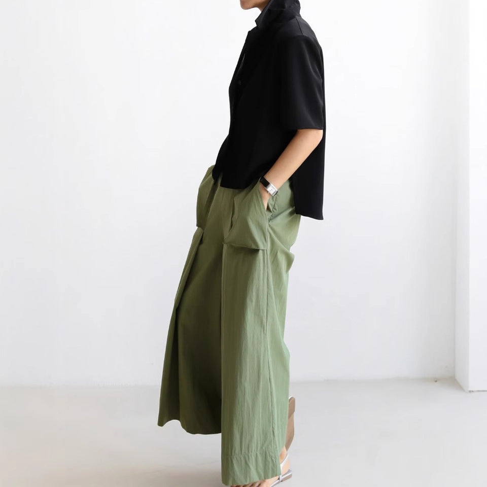 Damen Weite Palazzo-Hose mit hoher Taille, Cargo-Taschen und plisseeartiger Faltenlegung Shop Nory