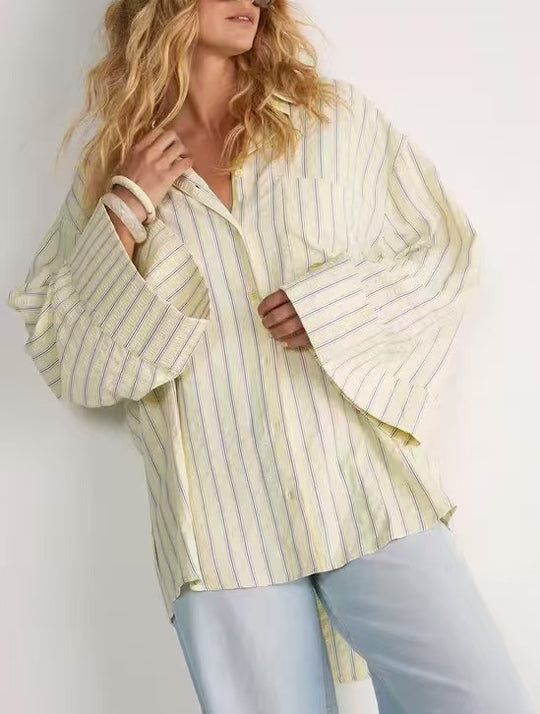 Damen Oversize-Hemdbluse mit weitem Glockenärmel und feinem Streifenmuster Shop Nory