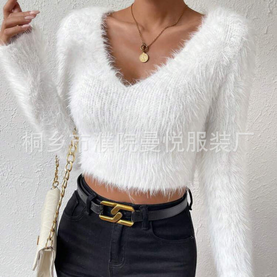 Damen Flauschiger Crop-Pullover mit V-Ausschnitt und Eyelash-Struktur Shop Nory