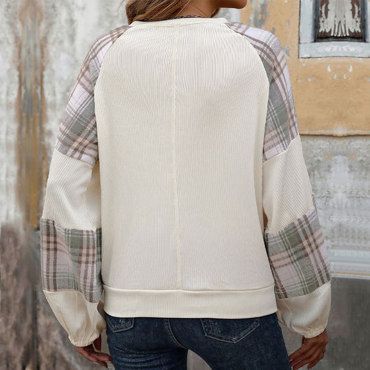 Damen Oversize-Longsleeve mit karierten Chiffon-Raglanärmeln und gerafften Manschetten Shop Nory