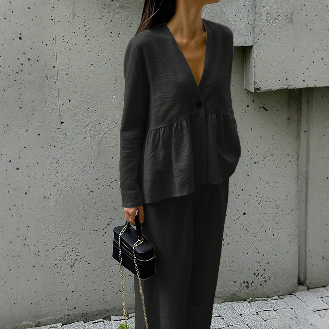 Damen nan legeres Leinenmix-Zweiteiler mit V-Ausschnitt Peplum-Bluse, Einknopfleiste und weitem Palazzo-Hosenbein Shop Nory