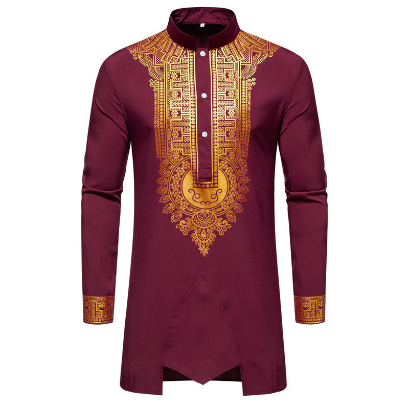 Herren Traditionelles Tunika-Set mit Stehkragen und goldfarbenem Ornamentdruck, Longshirt & Tunnelzughose Shop Nory