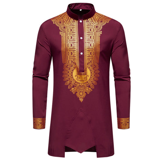 Herren Traditionelles Tunika-Set mit Stehkragen und goldfarbenem Ornamentdruck, Longshirt & Tunnelzughose Shop Nory