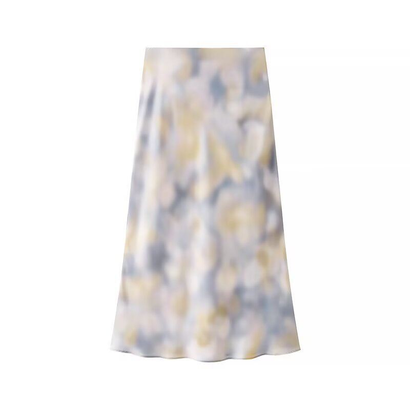 Damen Seidiges Zweiteiliges Blusen- und Midirock-Set mit A-Linienrock und abstraktem Aquarellprint Shop Nory
