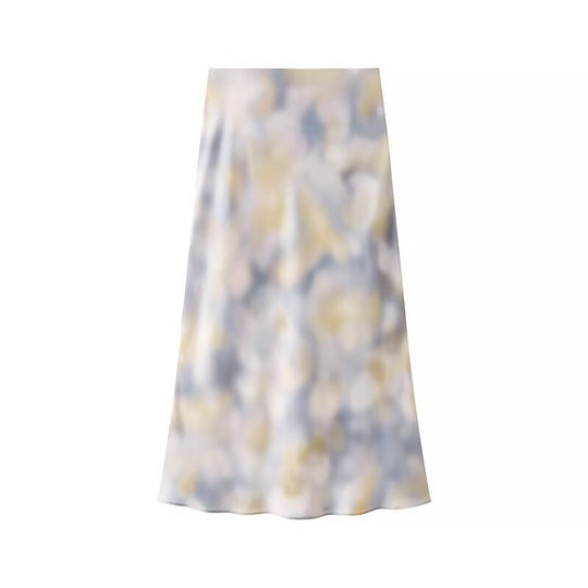 Damen Seidiges Zweiteiliges Blusen- und Midirock-Set mit A-Linienrock und abstraktem Aquarellprint Shop Nory