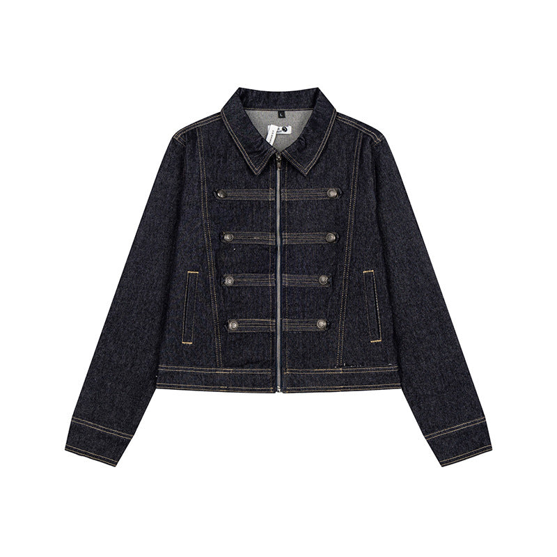 Damen kurze Jeansjacke im Military‑Stil mit Doppelreihen‑Knöpfen Shop Nory