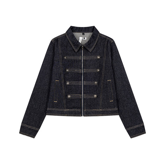 Damen kurze Jeansjacke im Military‑Stil mit Doppelreihen‑Knöpfen Shop Nory